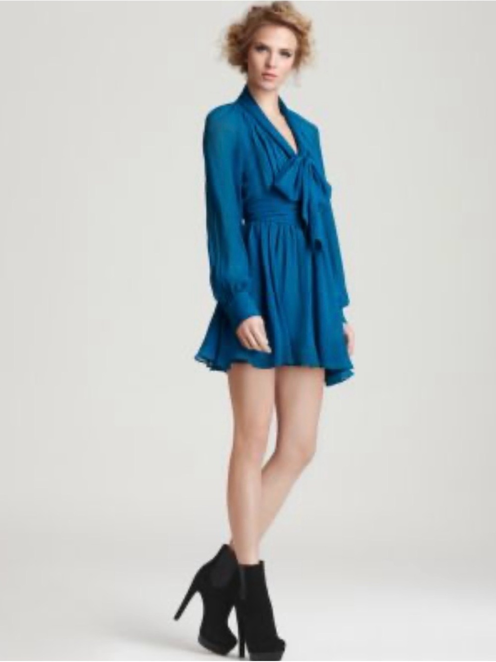 Rachel Zoe Teal Tie-Neck Long-Sleeve silk flowy Mini Dress